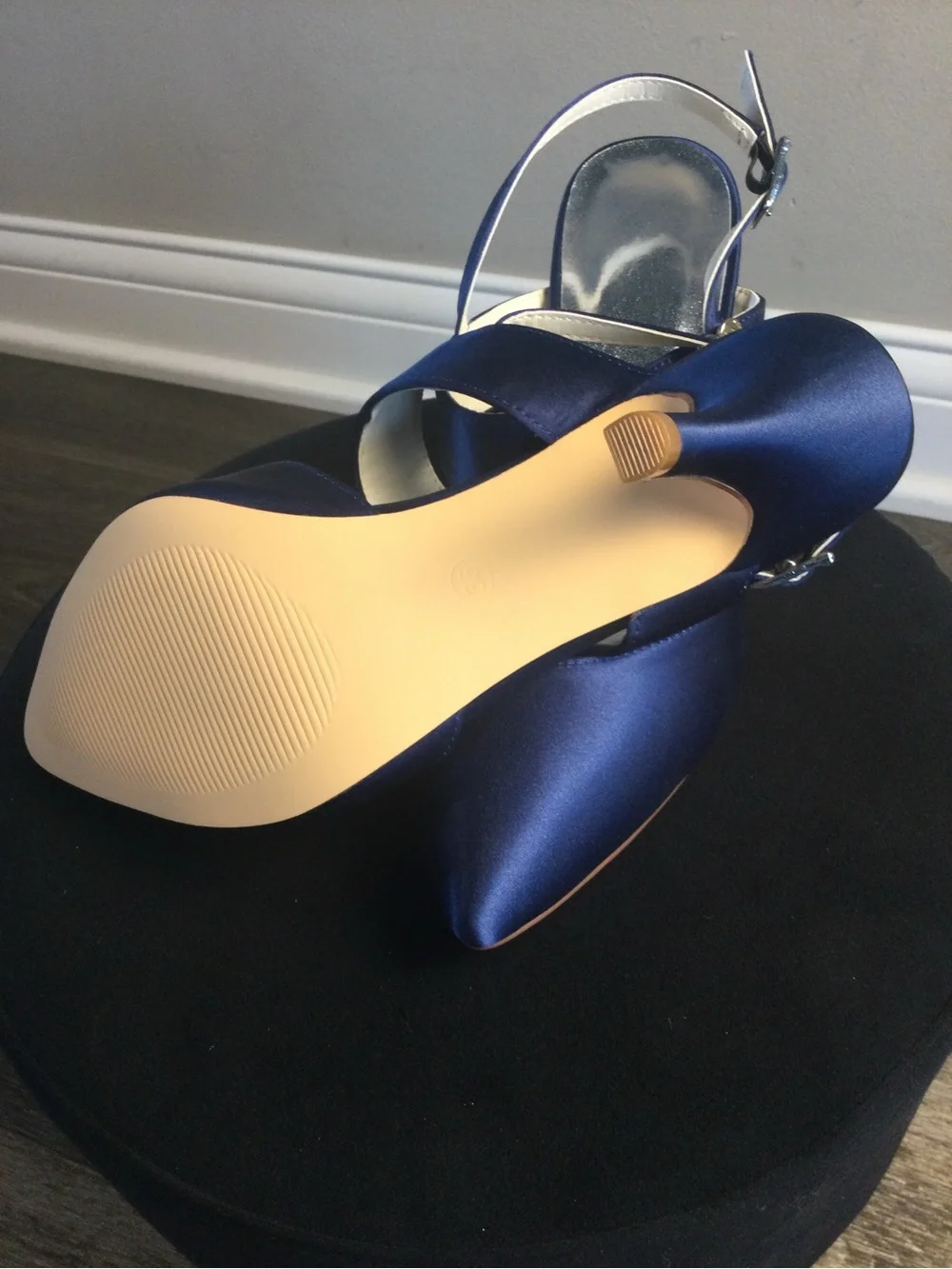 Elegant Navy Satin Pointed-Toe Slingback Heels with Crystal Accent
